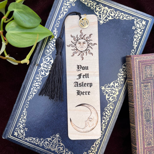 Fell Asleep Here celestial wooden bookmark