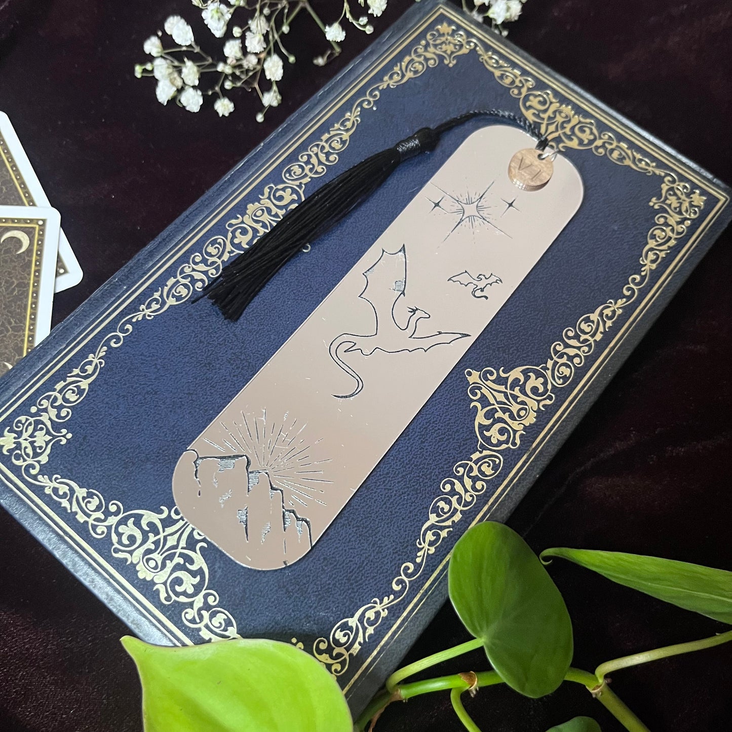 Fantasy silver dragon engraved bookmark